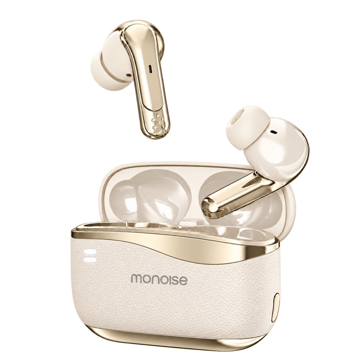Monoise M6+ безжични слушалки в цвят шампанско с отворена зарядна кутия